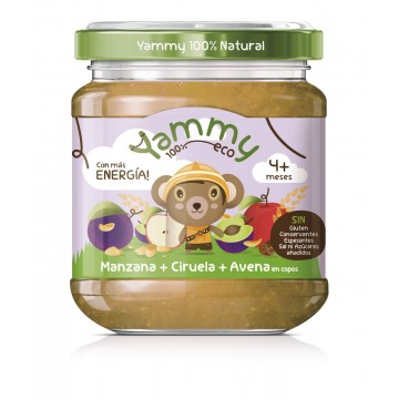 Potito de Manzana Ciruela y Avena en Copos +4M SinGluten Eco 195g Yammy