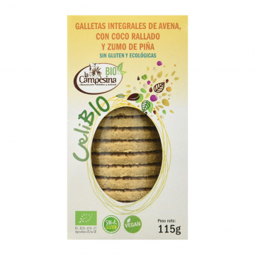 Galletas Integrales Avena Piña y Coco Celibio SinGluten Eco Vegan 115g La Campesina