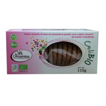 Galletas Integrales Avena Mermelada Granada Cacao y Pepitas Choco SinGluten Eco Vegan 115g La Campesina