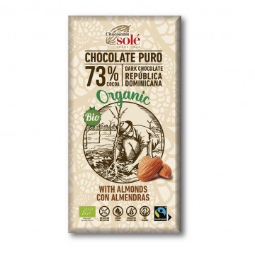 Chocolate Negro 73% con Almendras SinGluten Bio Vegan 150g Chocolates Sole