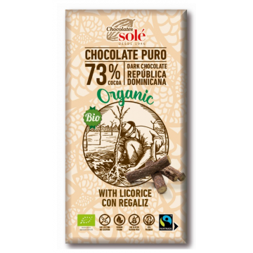 Chocolate Negro 73% Cacao con Regaliz SinGluten Eco Vegan 100g Chocolates Sole