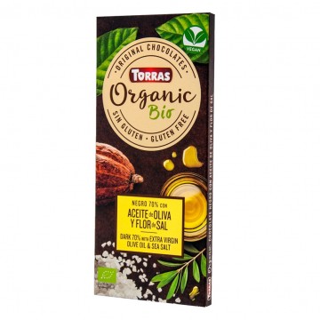 Chocolate Negro 70% Cacao con Aceite de Oliva y Flor de Sal SinGluten Bio Vegan 100g Torras