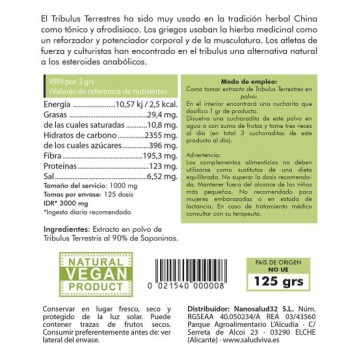 Tribulus Terrestris 90% de Saponinas Vegan 125g Salud Viva