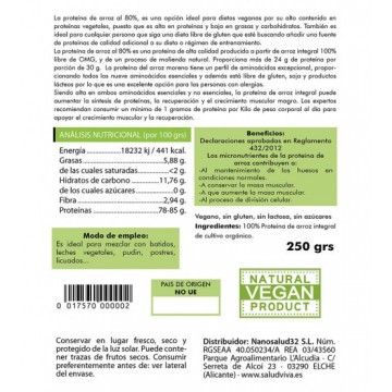 Proteina Arroz 80% Bio SinGluten Bio Vegan 250g Salud Viva