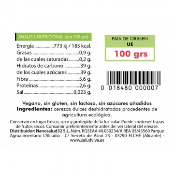 Cerezas deshidratadas SinGluten Eco Vegan 100g Salud Viva